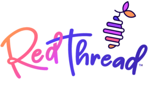 A cocoon inspired logomark with a vibrant gradient of colors from orange to pink to purple to blue paired with a handwritten cursive wordmark of the same colors