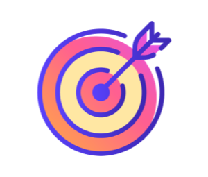 Icon: Line drawing illustration of purple, orange, pink, and yellow target with an arrow in the bullseye