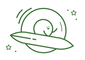 A green line drawing of a circle shaped character who is happily flying through space in a spaceship